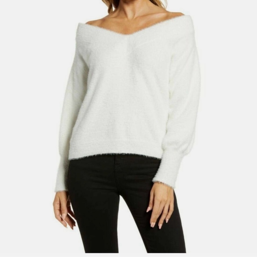 CHELSEA28 Cream Over The Shoulder Fuzzy Sweater